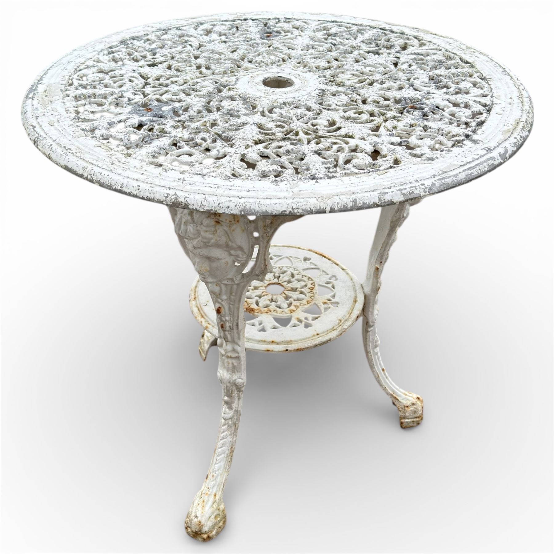 Victorian cast iron white painted garden chairs and table with aluminium top