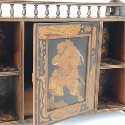 Japanese wall cabinet, the central hinged panel depicting a warrior opening to reveal single drawer, with two shelves to either side decorated throughout with floral and foliate decoration, H47cm