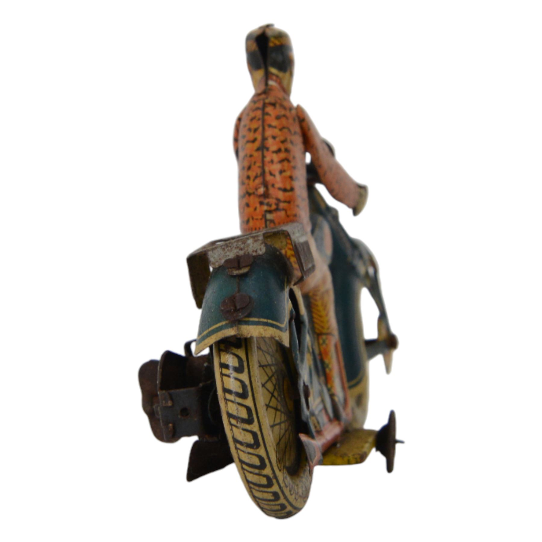 Tipp & Co tinplate clockwork motorcycle no. T686, the motorbike in dark blue with Dunlop cord wheels in cream, the civilian rider in orange clothing, H12.5cm ,W19cm