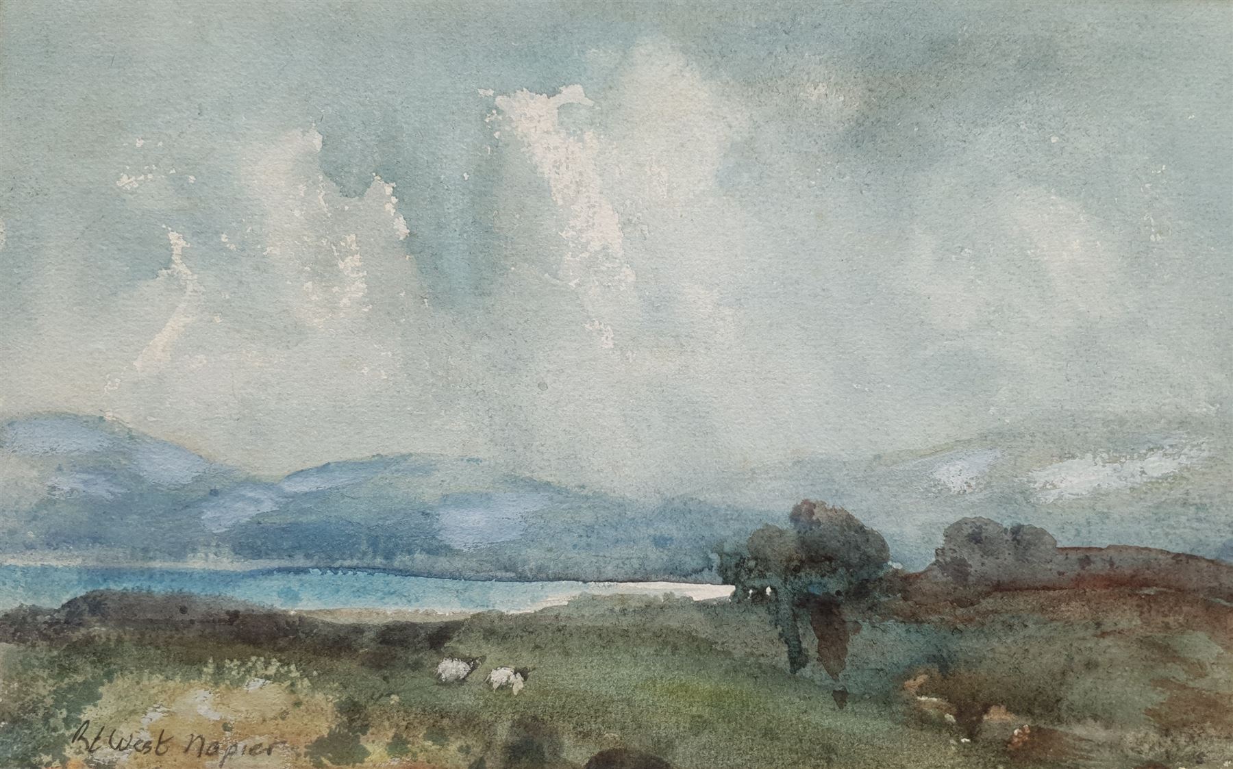 Robert West Napier (Scottish 1876-1962): Sheep Beside a Loch, watercolour signed 16cm x 25cm (mounted)