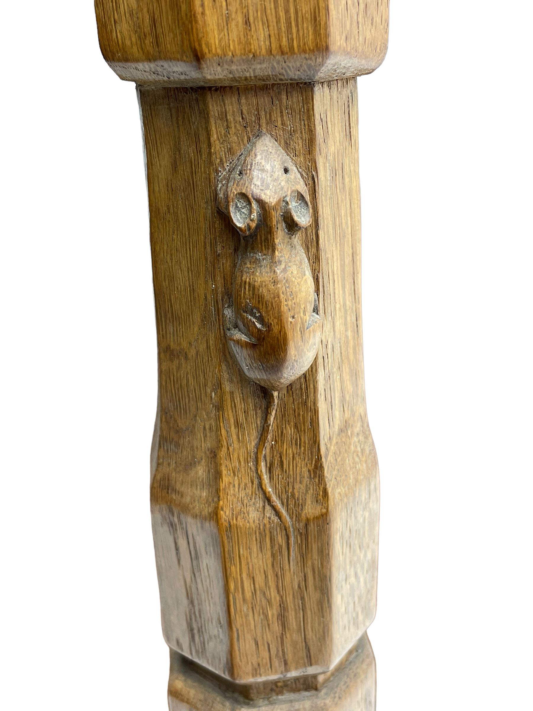 Mouseman - circa. 1950s oak serving table, adzed rectangular top over two drawers, on octagonal supports joined by adzed undertier, the rear right leg carved with mouse signature, by Robert Thompson of Kilburn
