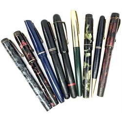 Collection of Vintage fountain pens, to include Conway Steward no 286 in burgundy and black marble effect, Conway Steward no 475 in grey and black marble effect, each with lever fill and nib marked 14 ct, Swan Mabie Todd self-filler with black resin body, lever fill and nib marked 14ct, etc, plus a Fyne Poynt propelling pencil, (9)