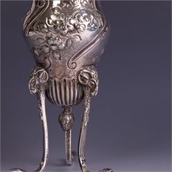 Late Victorian silver vase, of baluster form with fluted rim, the body with embossed floral decoration, upon three tall legs with ramshead mounts, hallmarked William Comyns & Sons, London 1890, H13.5cm