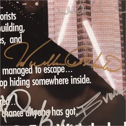 Die Hard (1988) cast signed movie poster, signatures to include Bruce Willis, Bonnie Bedelia, Reginald VelJohnson, William Atherton, Hart Bochner, James Shigeta, Alan Rickman, Bruno Doyon, Andreas Wisniewski and John McTiernan, framed with certificate of authenticity from RICA verso, frame H57cm, W42cm