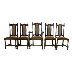 Set five early 20th oak barley twist dining chairs, spiral turned supports with oval cane-work backs, drop-in upholstered seats, on spiral turned supports joined by plain stretchers 