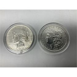 United States of America coinage including 1889 Morgan dollar, 1922 Peace dollar 1943 Liberty half dollar, 1982 commemorative half dollar etc