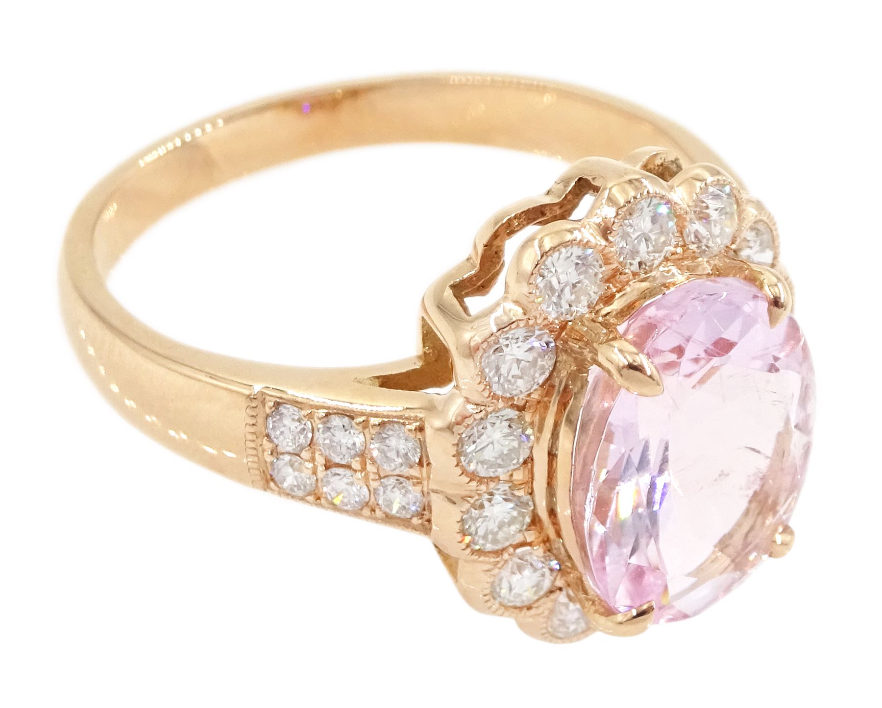 18ct rose gold oval cut morganite and milgrain set, round brilliant cut diamond cluster ring, with diamond set shoulders, stamped 750, morganite approx 2.30 carat, total diamond weight approx 0.65 carat