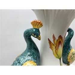 Large modern Italian vase, the baluster form body painted with flowers with twin handles modelled as peacocks, H52cm