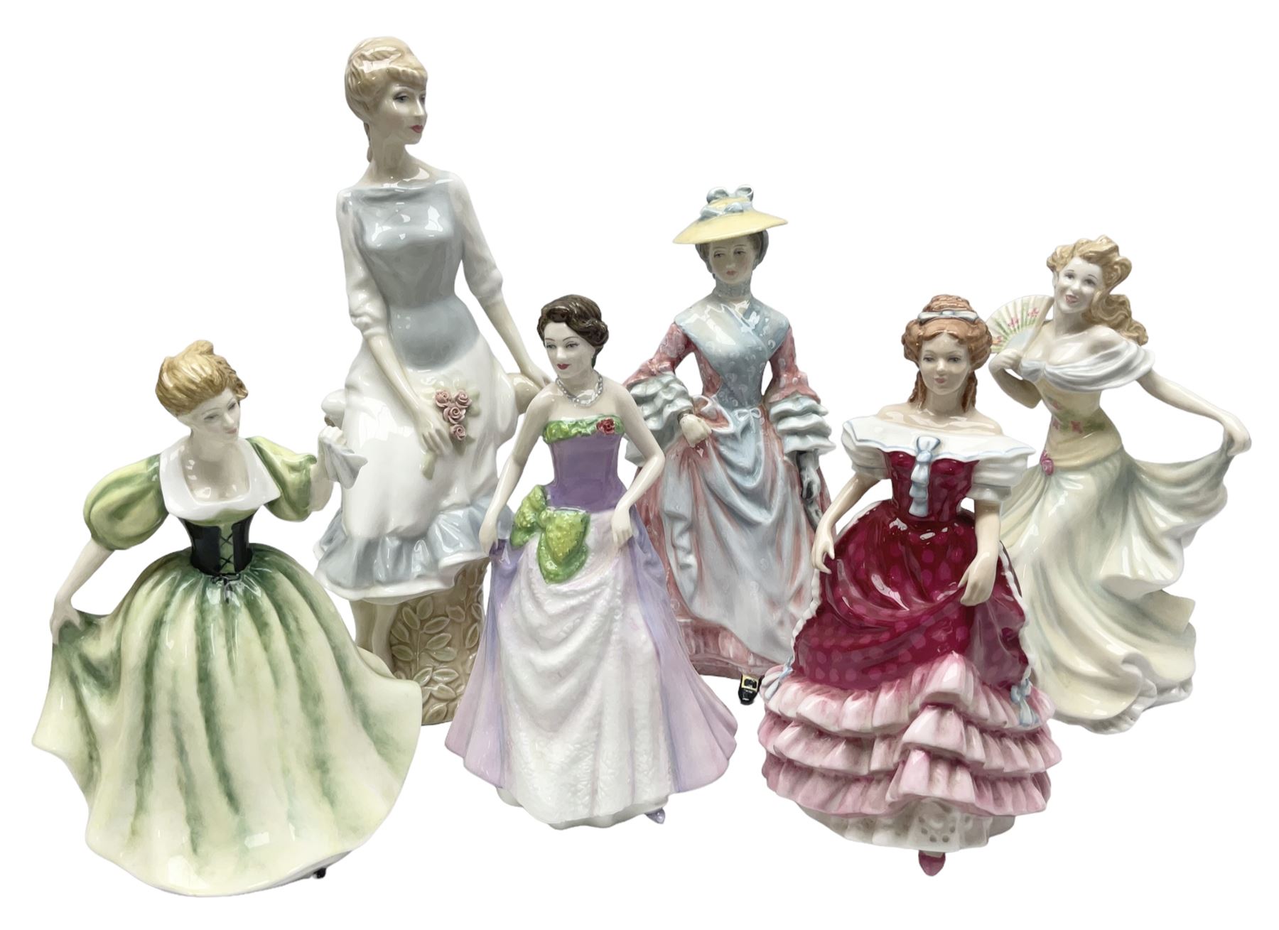 Six Royal Doulton figures, to include Mary Countess Howe no.HN3007, Sweet Sixteen no. HN3648, The Peggy Davies Collection Lily no.HN3902, four with original boxes 