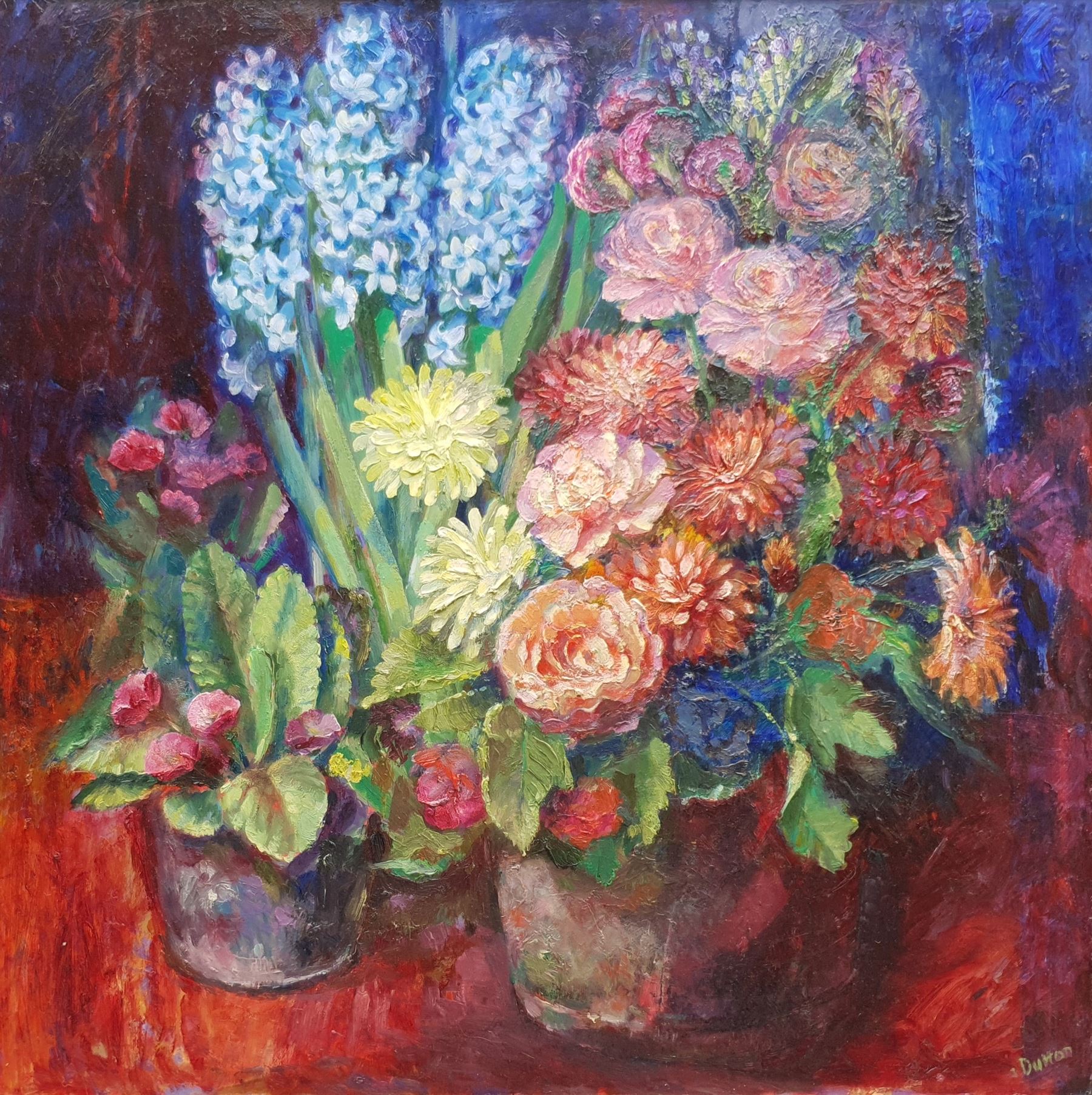 Martin Dutton (British 1939-): Still Life with Hyacinths, oil on board signed 55cm x 55cm