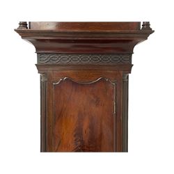 William Vale of Finsbury (London) - late 18th century 8-day mahogany longcase clock, flat topped break-front hood with a break-arch hood door, detached reeded pilasters with wooden capitals, trunk with a blind fret, stopped reeded quarter columns and a long wavy topped door, on a square plinth with canted corners and bracket feet, engraved silver sheet dial with cast brass spandrels, matching steel hands and rolling moon to the arch, with an engraved seconds dial, Roman numerals, five minute Arabics, minute markers and matching steel hands, three train, quarter chiming  movement on six bells with a recoil anchor escapement. With pendulum and weights.

This item has been registered for sale under Section 10 of the APHA Ivory Act