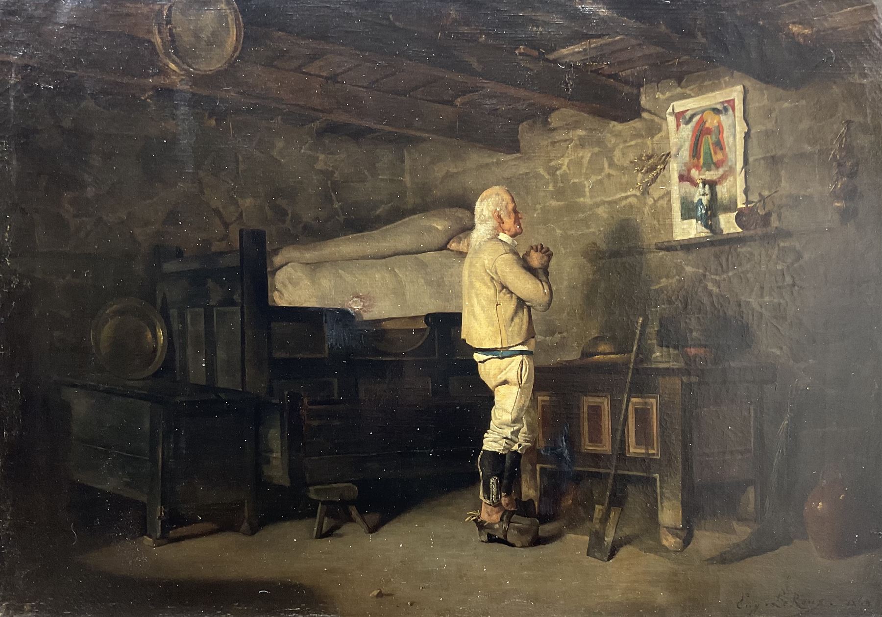 Louis Eugène Leroux (French 1833-1905): Gentleman Praying to a Shrine, oil on canvas signed and dated 1869, 51cm x 75cm