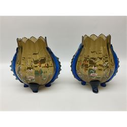 Pair of 19th century glass vases in the style of Auguste Jean, of bulbous form with lobed rim and applied blue glass zoomorphic handles, painted with enamel flowers, dragonflies and swans, upon four blue glass feet, H26cm