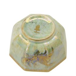 Wedgwood Fairyland lustre bowl, of octagonal form with gilt butterflies on a mottled pale green ground, with mottled orange interior and printed mark beneath, W9cm, H5cm