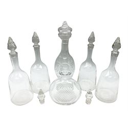 Waterford Crystal Coleen pattern cut glass decanter, together with a set of four plain mallet shaped decanters, and a further decanter of flask form, (6)