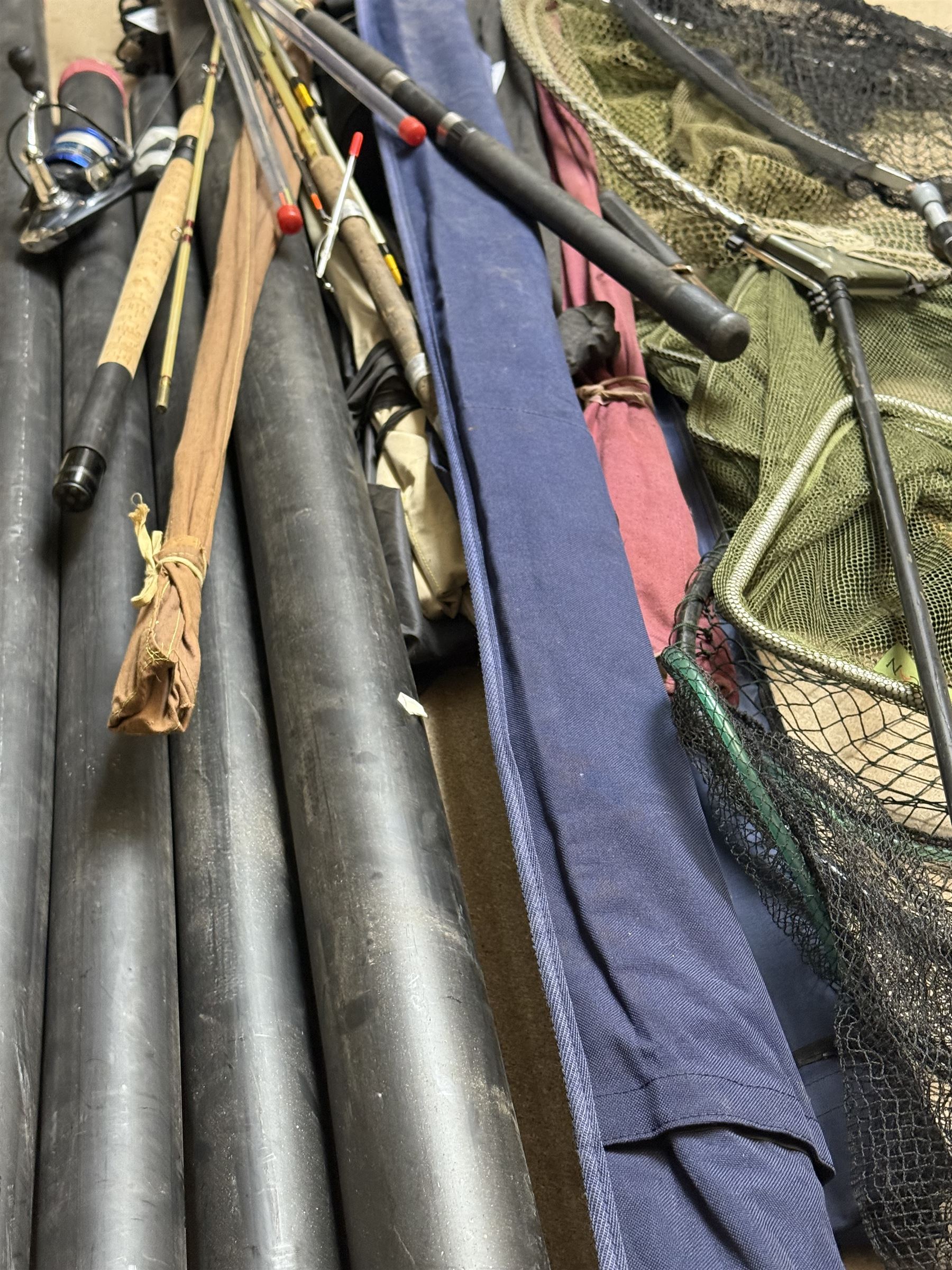 Collection of fishing rods and nets, including Alex Martin Scotia salmon rod, Shakespeare 1650, Allcocks Lucky Strike split cane rod and Chevron Pike 11ft, etc