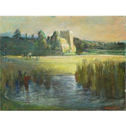 John Gilbey Bowles (British 1929-2011): Anglers Fishing by Church, oil on canvas signed 46...