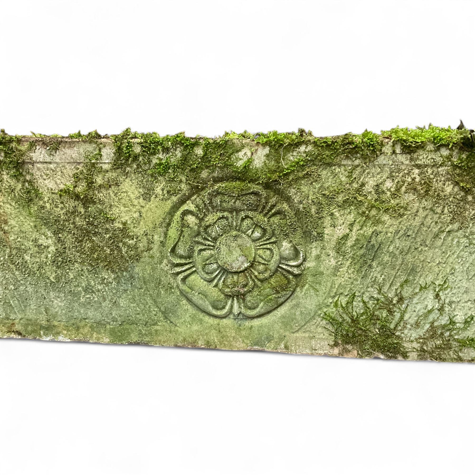 Pair of Yorkshire Rose weathered cast stone trough planters