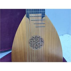 Maurice Vincent Ongar Ireland 17-string lute with segmented maple back, cedar top with Celtic style pierced sound hole and ebony veneer neck L104cm;  in custom-made shaped case