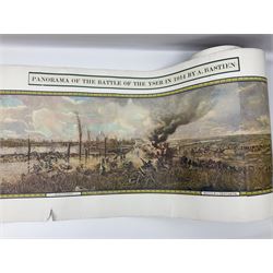 After A. Bastien, very long WW1 panoramic colour print entitled 'Panorama of the Battle of the Yser in 1914' depicting Ypres, Dixmude, Boucle de Tervaete, Nieuport (2) and region des Dunes, flanked by Flags of the Allies 45 x 337cm; unframed