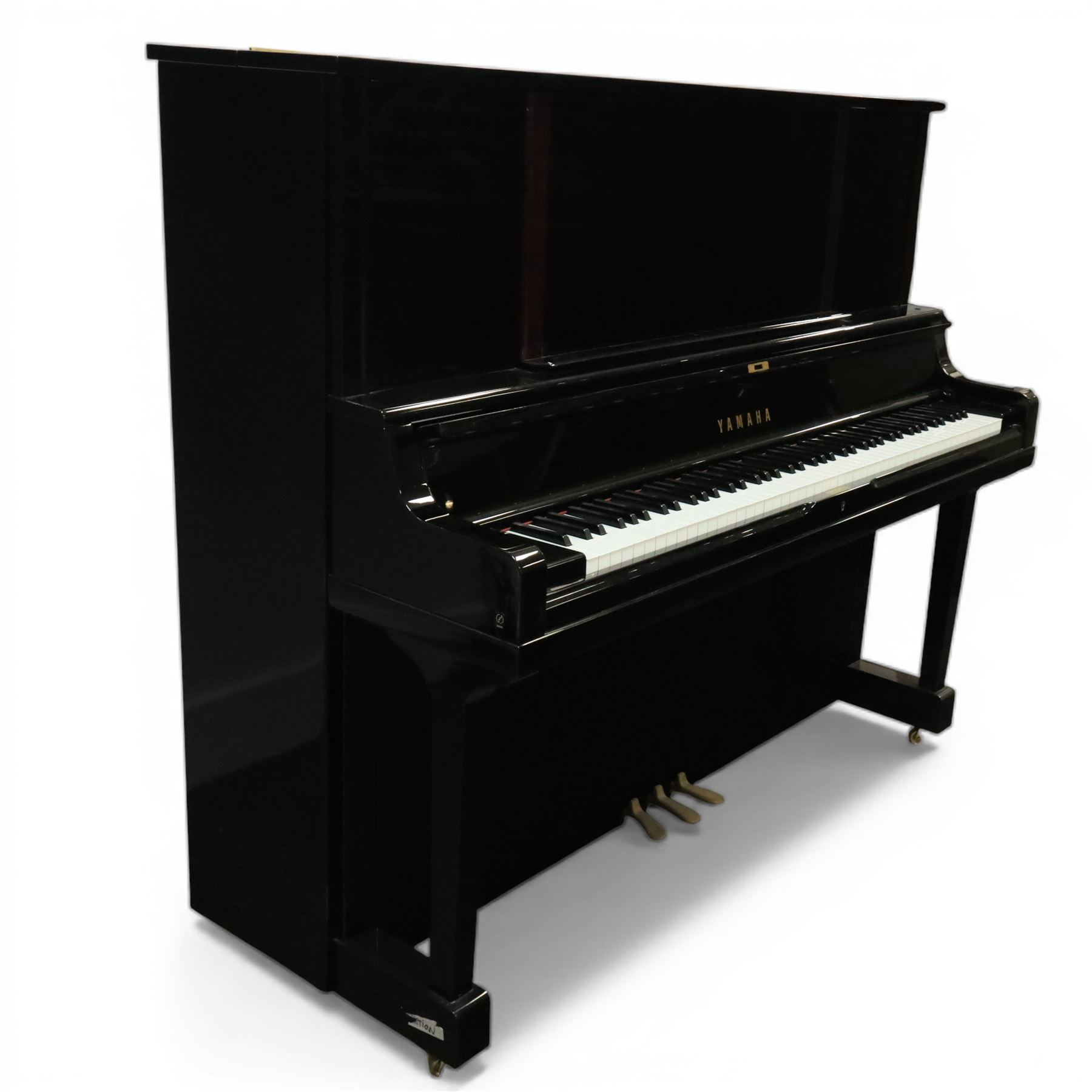 Yamaha model U5 upright piano retailed by Harrods, 88 keys and three pedals within high gloss ebonised case, serial no. 6055292, with Roland black button top piano stool