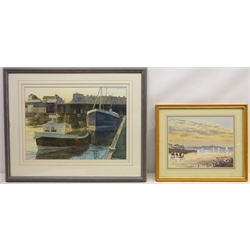  'Summer Evening on Hornsea Mere', watercolour signed by Patrick Burton (Northern British contemporary) 18cm x 23cm and Harbour Scene, watercolour signed by Ken Perry 25cm x 35.5cm (2)  