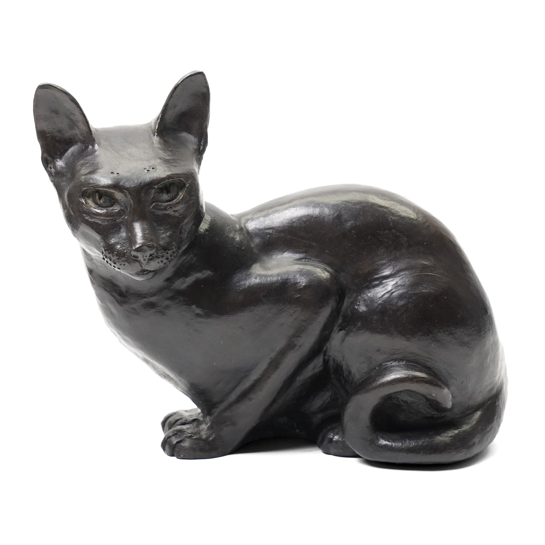 Two Seneshall bronzed resin cats, signed, W21cm and 23cm; together with a bronze effect mother and kitten , H10cm (3)