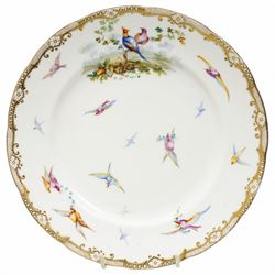 Pair of Coalport cabinet plates, c1850, painted by John Randall with various exotic birds in flight within gilt trailing foliate boarders, D23cm 
