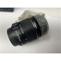 Cameras and accessories, to include Olympus OM101 Power Focus camera body, serial no 1076067, with 'Sigma AF Zoom 1:38, f=75 200mm' lens, serial no 2053714, Canon EOS 5000 camera body, serial no 1507812, with 'Canon Zoom EF 80-200mm, 1:4.5-5.6' lens, other cameras, by Miranda, Coronet and Ricoh and a collection of lenses, carry cases, etc 