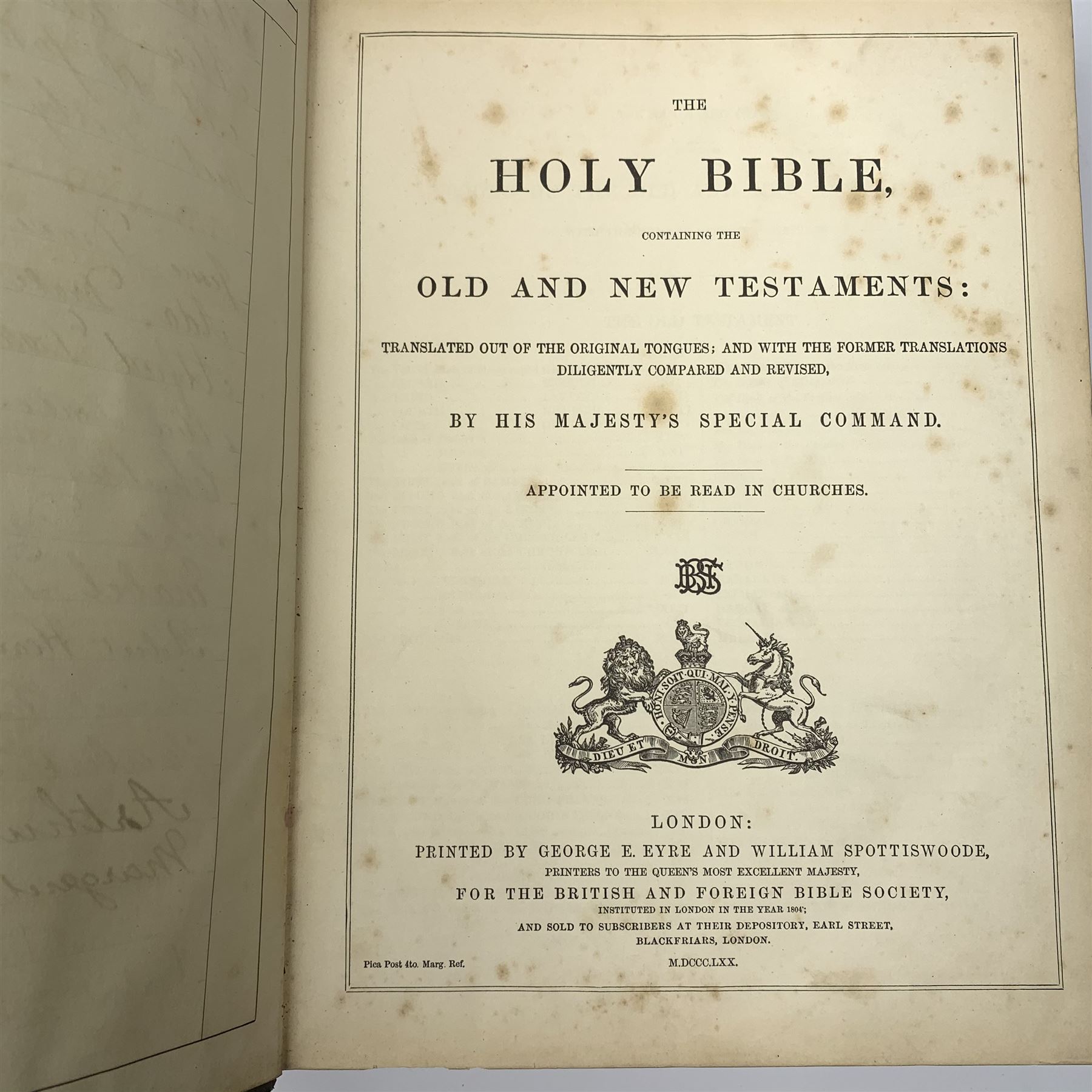 Victorian Rev. John Eadie leather bound Family Bible; three other Victorian leather bound Bibles; and another Victorian leather bound book The Altar of the Household edited by the late rev. John Harris (5)