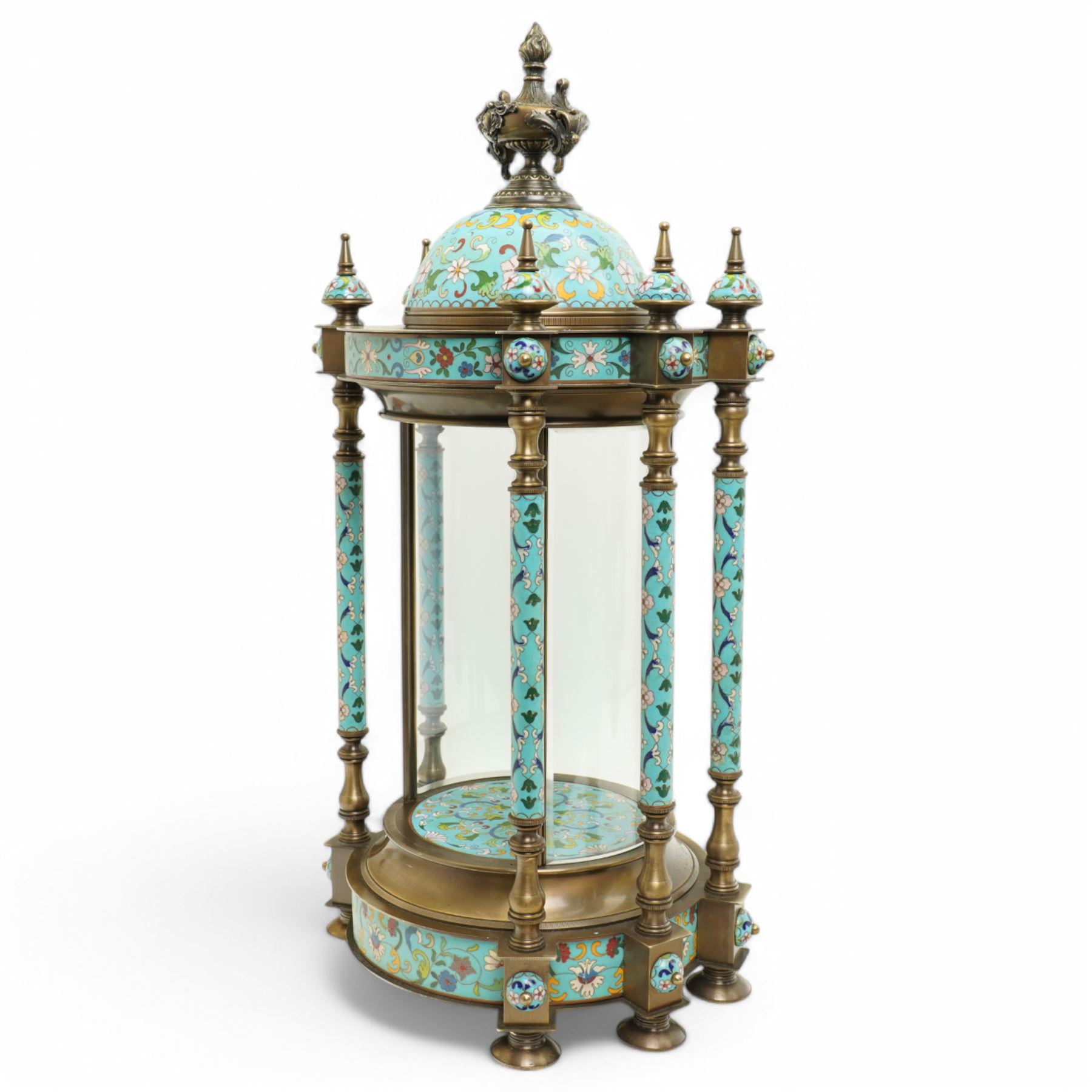 20th century Chinese cloisonne style portico display stand with urn mounted domed top and glass side panels H65cm