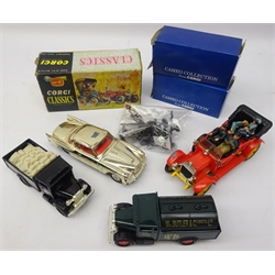  Corgi Studebaker Golden Hawk No.211S with gold 'plated' body and white flash, unboxed, Classics 1910 Daimler No.9021, boxed with paperwork, two Cameo Collection commercial vehicles in boxes and seventeen Lesney die-cast road signs in black, red and white H4cm  