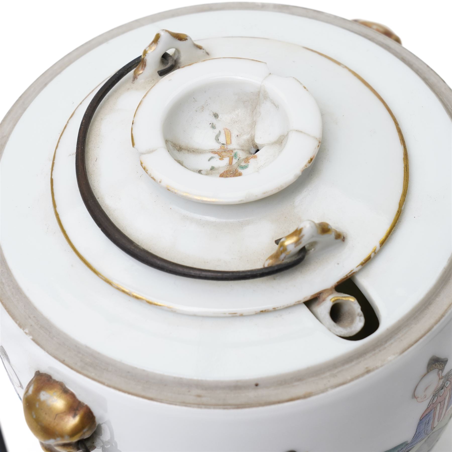 Chinese 18th/19th century Ming dynasty ceremonial teapot carrier, each side painted with scenes of ladies attending a tea ceremony, the internal teapot also painted with ladies in traditional dress, H13cm; together with a Chinese famille verte vase, painted with a traditional landscape, archaic mark to base, H14.5cm 