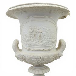 Pair of composite campana urns on stands, the urns decorated with relief figural panels and foliate bands with scrolling handles, on circular socles, the pedestals of square tapering form with moulded edges and applied classical motifs