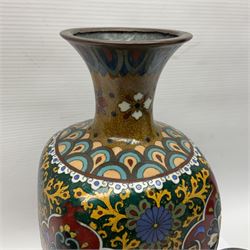 Pair of Japanese cloisonne Koro, decorated with colourful flower head motifs and raised on three feet, missing covers, together with a cloisonne vase, vase H30cm