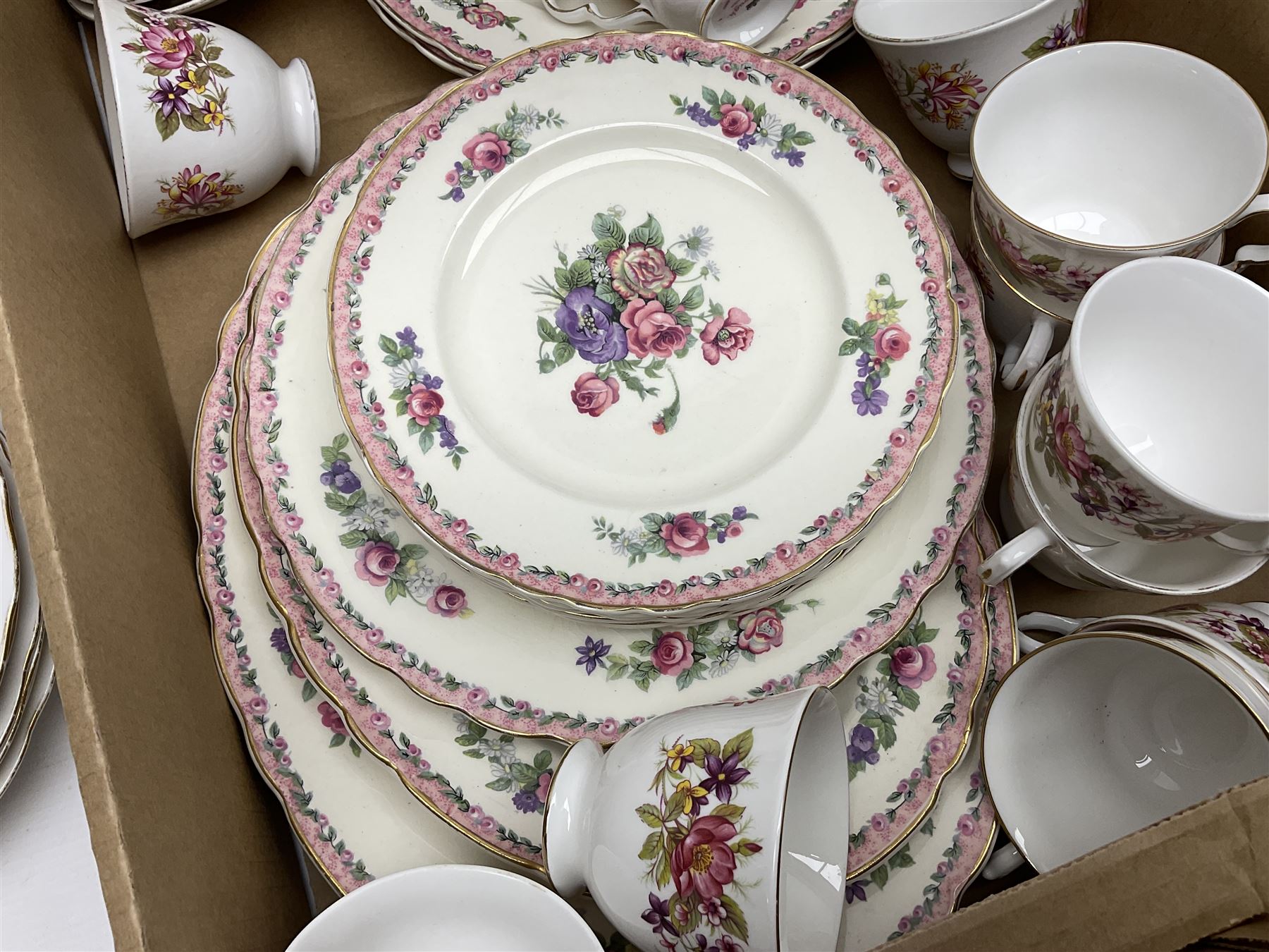 Royal Staffordshire Dinnerware by Clarice Cliff Nancy pattern dinner wares, including sauce boat, dinner plates, side plate and serving platter, together with a collection of Colclough Wayside Honeysuckle pattern tea wares