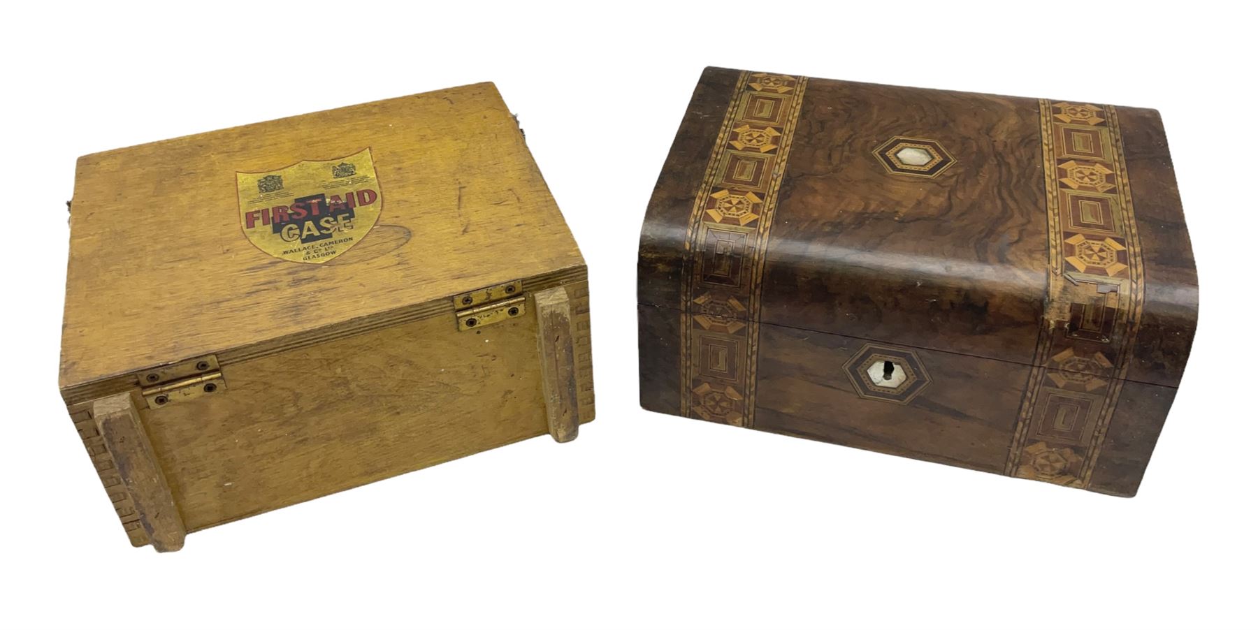 Victorian walnut box with Tunbridge ware banding and mother-of-pearl inlay, W29.5cm H14cm, together with first aid kit box and Group of early 20th century ornate gold plated (tested) and gilt brooch frames and panel fronts