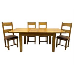 Solid oak extendable dining table and set of four matching chairs, two leaf inserts, with breadboard ends on tapered square supports (Extended length 205cm)