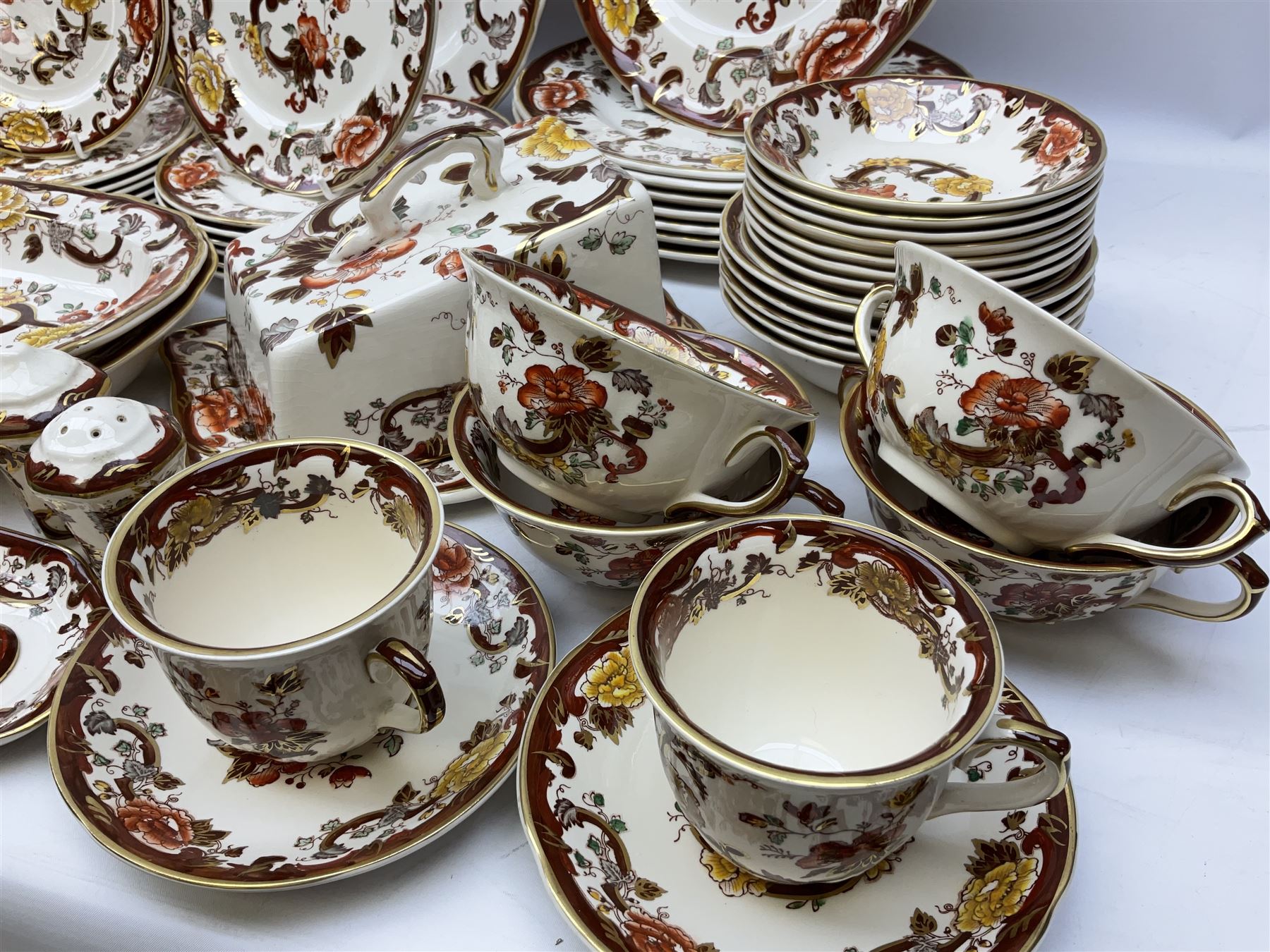 Masons Brown Velvet pattern tea and dinner wears, to include eight dinner plates, eight twin handled soup bowls and saucers, eight tea cups and saucers, cheese cover and plate, jug, meat platter etc (84)  