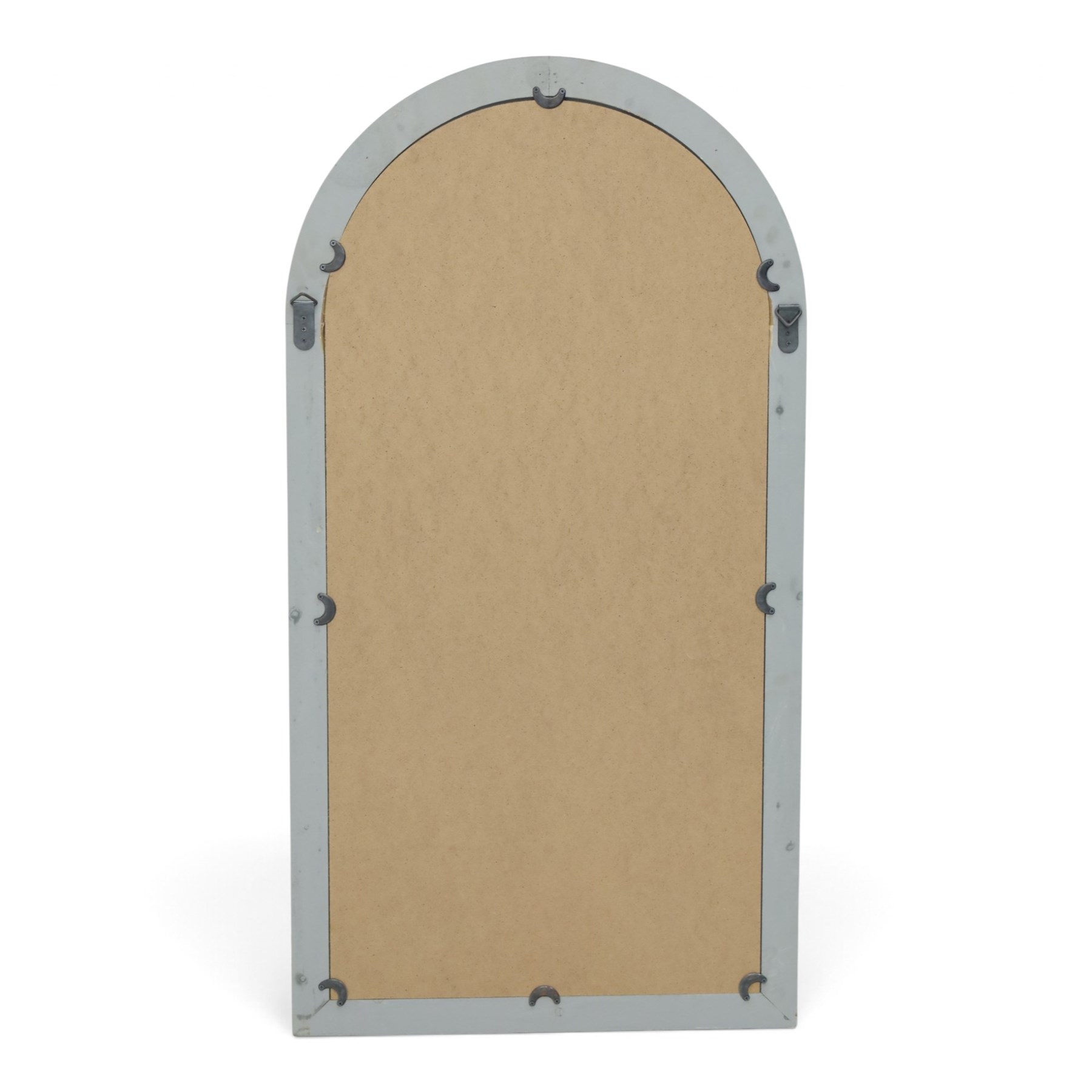 Traditional shutter garden mirror, curved grey frame enclosing a plain mirror plate, with open panel doors