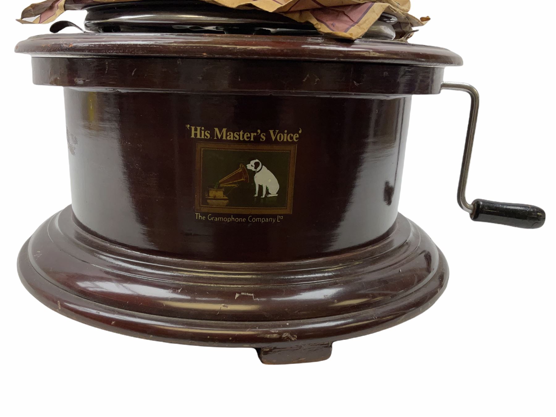 His Master's Voice table top wind up gramophone on a circular wooden base, with brass horn, H72cm, Horn D43cm. 