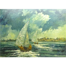  W Joyce Lakeman (British 20th century): Sailing Dinghies on Hornsea Mere, oil on board signed 89cm x 120cm  