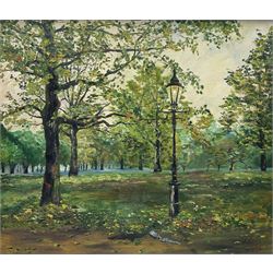 P Holmes (British 20th century): 'Early Morning in Green Park', oil on board signed, titled on label verso