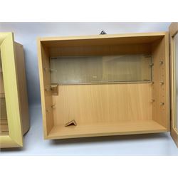 Set of four Livarno wall mounting model display cabinets, each with simulated beech finish and side hinged glazed door enclosing adjustable plate glass shelves W62.5cm H50cm D17cm (4)