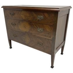 Early to mid-20th century walnut chest, fitted with three graduating drawers with bookmatch veneer facias, raised on square tapering supports