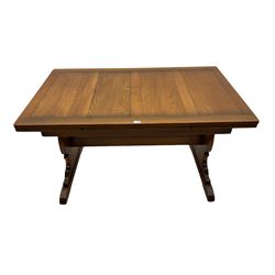 Ercol - medium elm drawer leaf extending dining table, and six stick back chairs