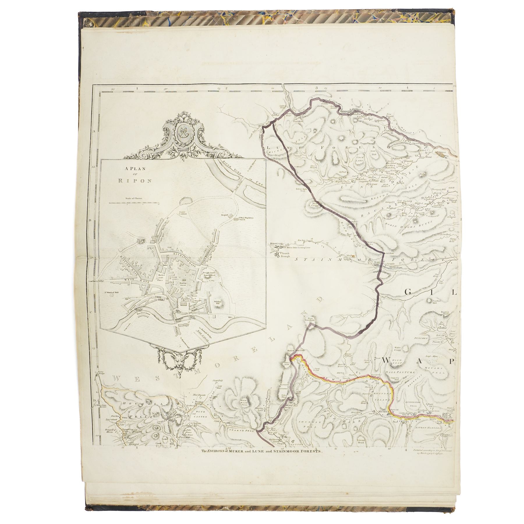 Thomas Jeffreys (British Geographer to King George c.1710-1771): 'Maps of the County of York 1771', complete folio atlas containing twenty double-page engraved maps of Yorkshire with decorative cartouches and vignettes, bound in marbled boards with leather spine 61cm x 41cm