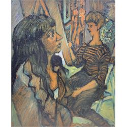 Raymond Arthur Roadnight (British 1941-): Two Ladies, oil on board unsigned 54cm x 45cm  
Provenance: the artist's studio collection. Born in High Wycombe, Roadnight spent three years training under Patrick Reyntiens and John Piper creating stained glass windows for Liverpool and Coventry cathedrals. These works included the great baptistry window in the New Coventry Cathedral, the 'Lantern' atop the Catholic Cathedral in Liverpool, and the grand windows in Oundle School Chapel. He has exhited at Royal Academy, Alfred East Gallery, Chichele College in Higham Ferriers, and Burleighfield House in Loudwater.