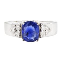 18ct white gold sapphire and diamond ring, cushion cut sapphire of approx 1.00 carat, with...