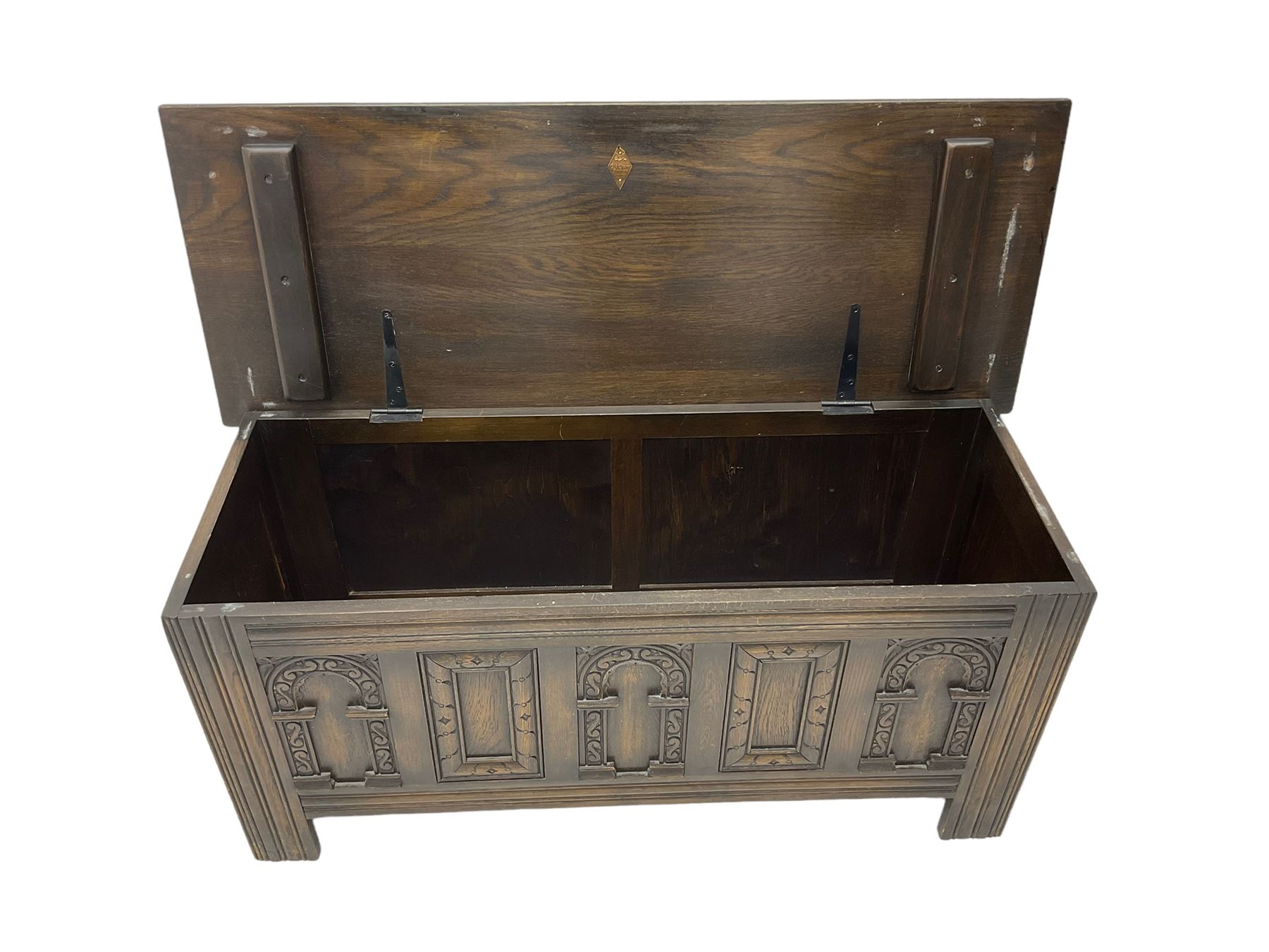 Old Charm - oak blanket box, hinged top, carved front